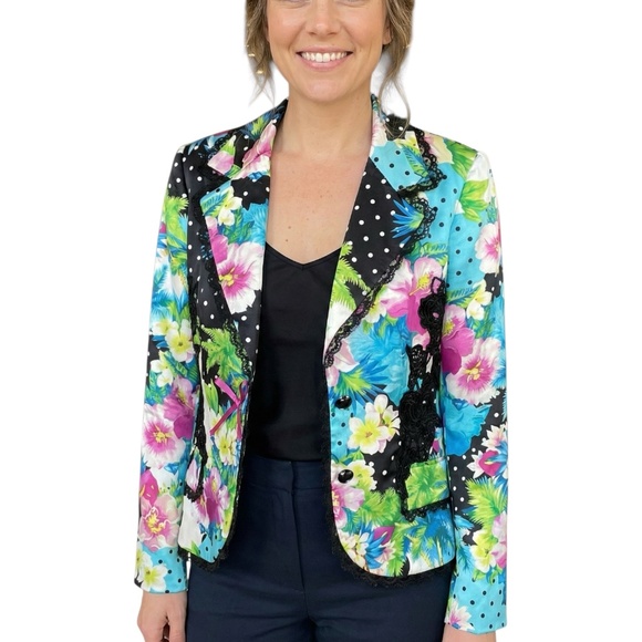 ALBERTO MAKALI 100% Silk Fully Lined Blazer Lace Trim Crochet Appliqué Sz 4 - Picture 12 of 13